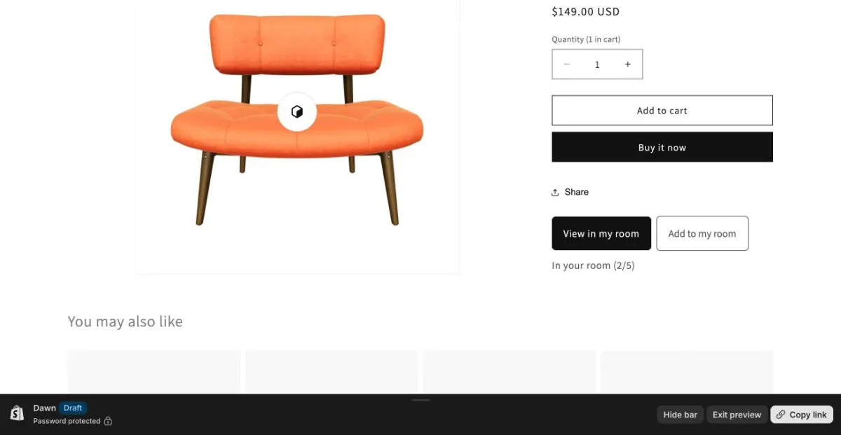 Dawn theme product page: an orange chair on the left; on the right, under Add to cart, Buy it now and Share, the black View in my room button, the outlined Add to my room button and the line In your room (2/5)
