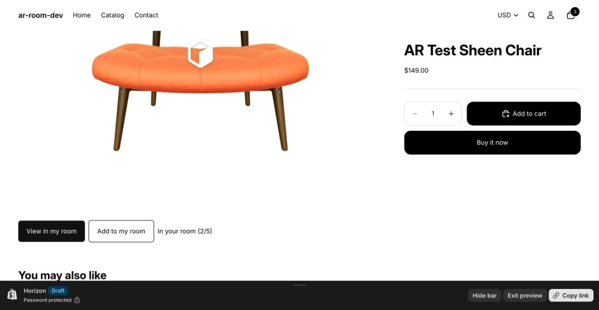 Horizon theme product page: View in my room and Add to my room buttons below the product image, across the page, under the gallery