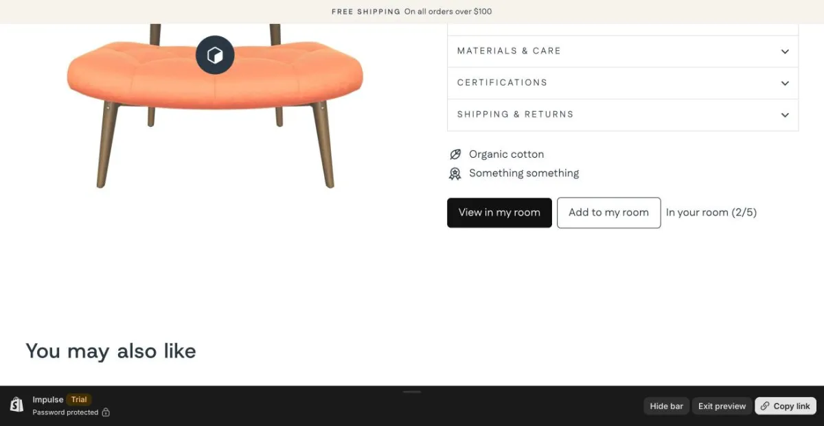 Impulse theme product page: View in my room and Add to my room buttons at the bottom of the product column, below the Materials, Certifications and Shipping sections