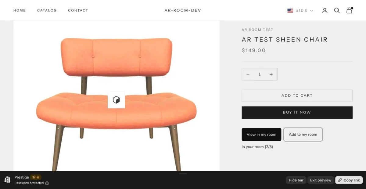 Prestige theme product page for AR Test Sheen Chair: View in my room and Add to my room buttons under Add to cart and Buy it now